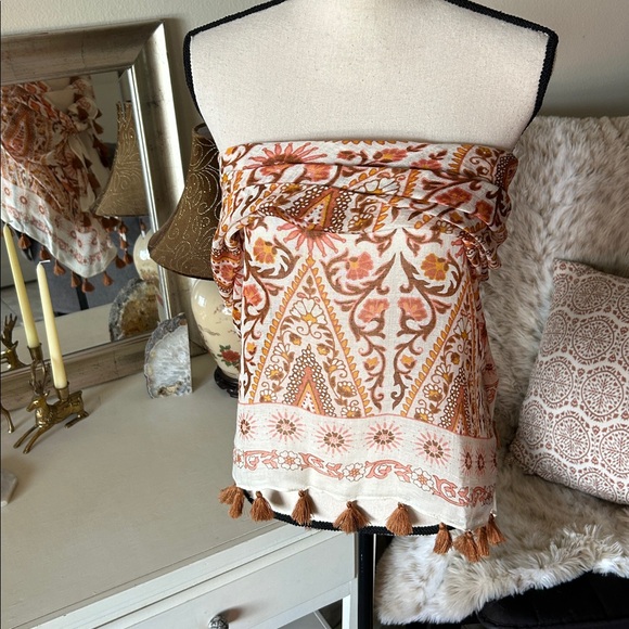 Spartina 449 linen cream boho tassel Paisley, printed scarf shawl wrap OS - Picture 11 of 16